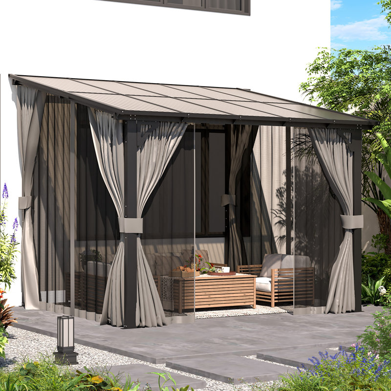 Wall-Mounted Lean To Pergola Gazebo With Curtains And Netting, 96" H x 121" W x 96" D