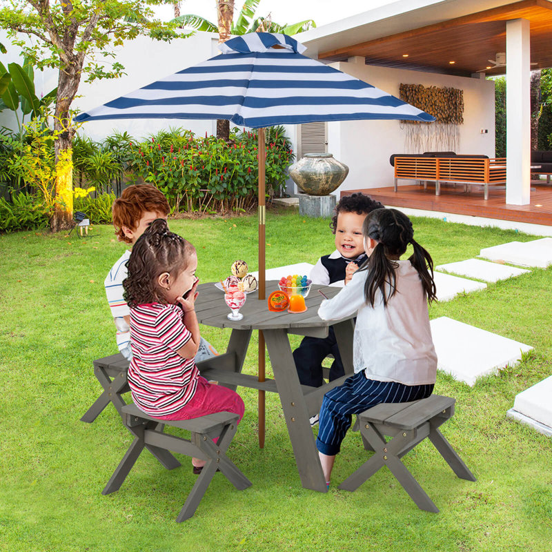 Kids Wooden Table Set With Octagon Table 4 Stools & Removable Adjustable Umbrella Grey