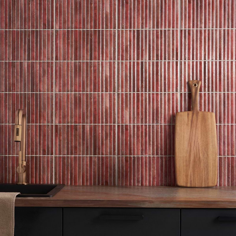 Curve Fluted 6X12 3D Glossy Ceramic Tile, Red