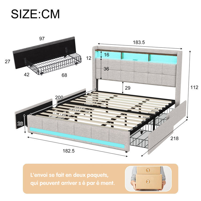Upholstered Storage Bed, Beige, Super King (6')