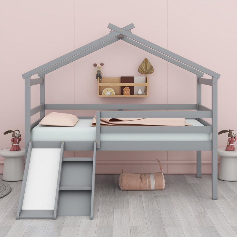 Low Loft House Bed With Slide, Ladder, Safety Guardrails, House Roof Frame, Gray