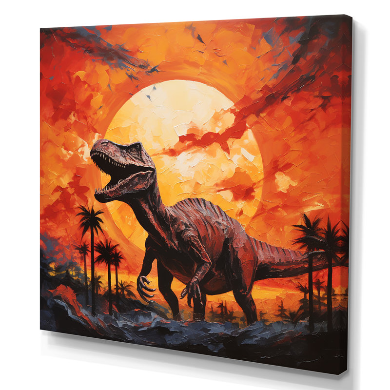 Coucher de soleil de dinosaure rouge et jaune I - art de mur de dinosaure, Toile tendue, H 36 po x l 36 po