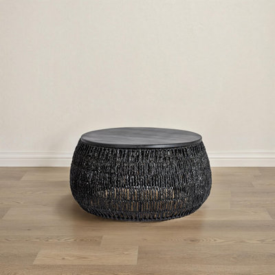 Serena Hand-Woven Seagrass and Pine Wood Round Coffee Table, Black