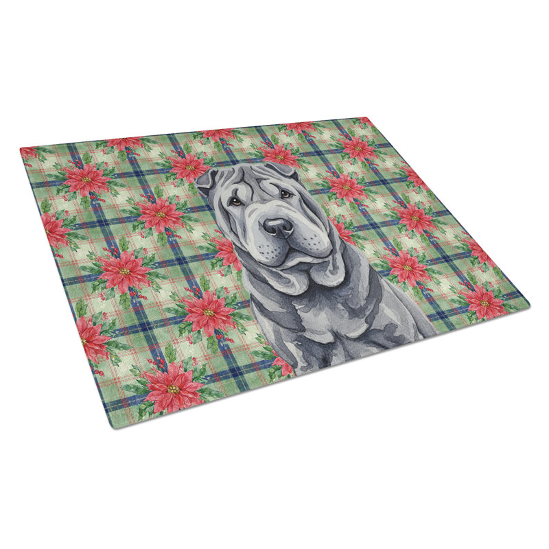Planche à découper en verre noir Shar Pei Poinsettias