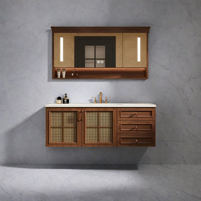 Retro-style rattan bathroom cabinet