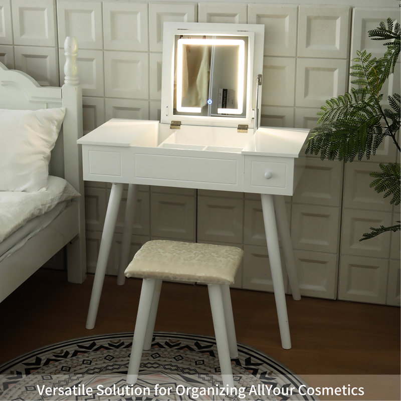 Table de salle de bain pour salle de bain avec miroir à DEL et plusieurs tiroirs, bureau en bois blanc lait et prise de courant, table de maquillage pour chambre à coucher, conception élégante et moderne