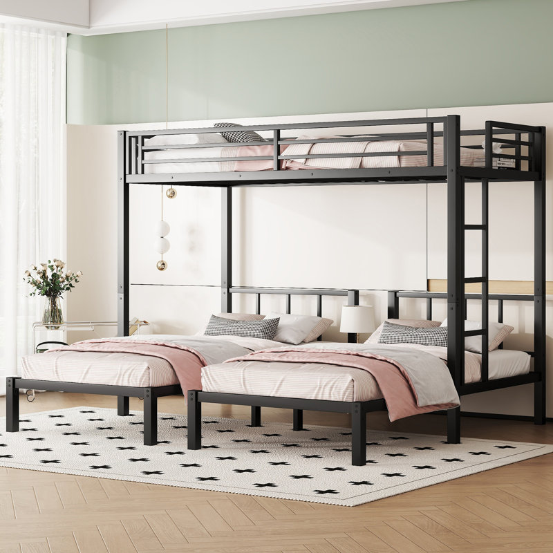 Metal Triple Bunk Bed for 3, Twin XL Over Twin & Twin, Detachable Frame with Shelf & Table, Black