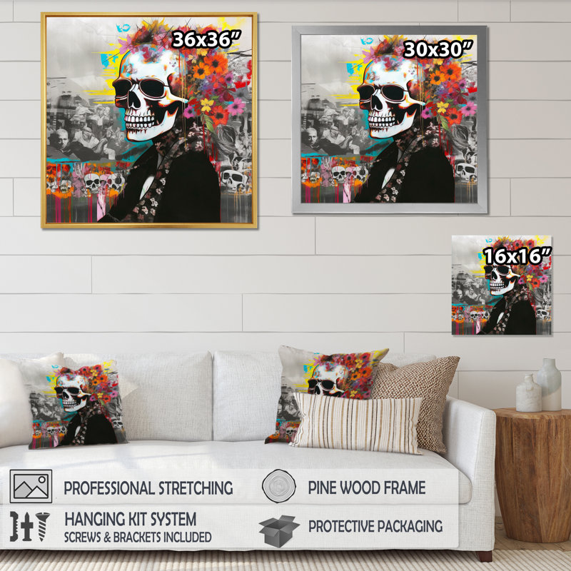 Graffitied Skull II sur impression sur toile, Cadre simple noir, H 36 po x l 36 po x P 1,5 po