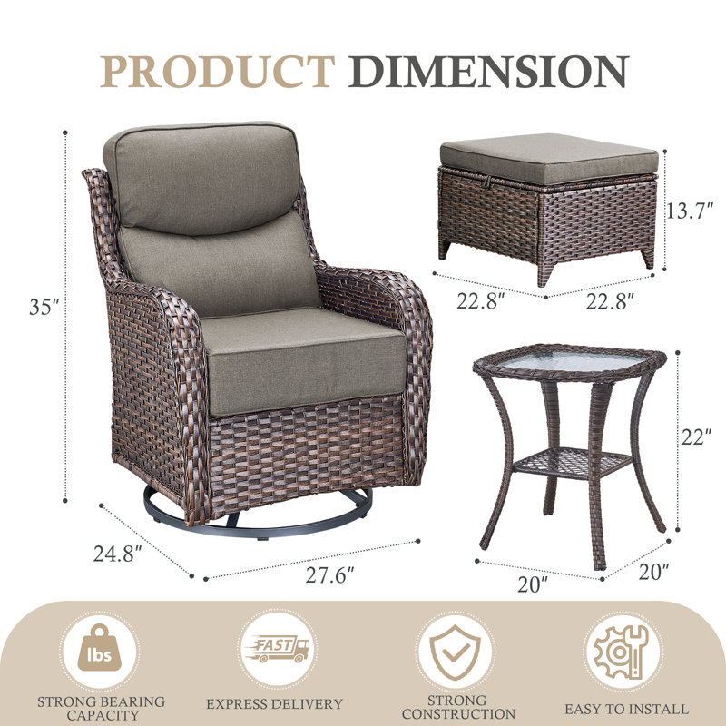 Ensemble de conversation d'extérieur 5 pièces avec chaises berçantes pivotantes en osier, repose-pieds et table d'appoint Deb