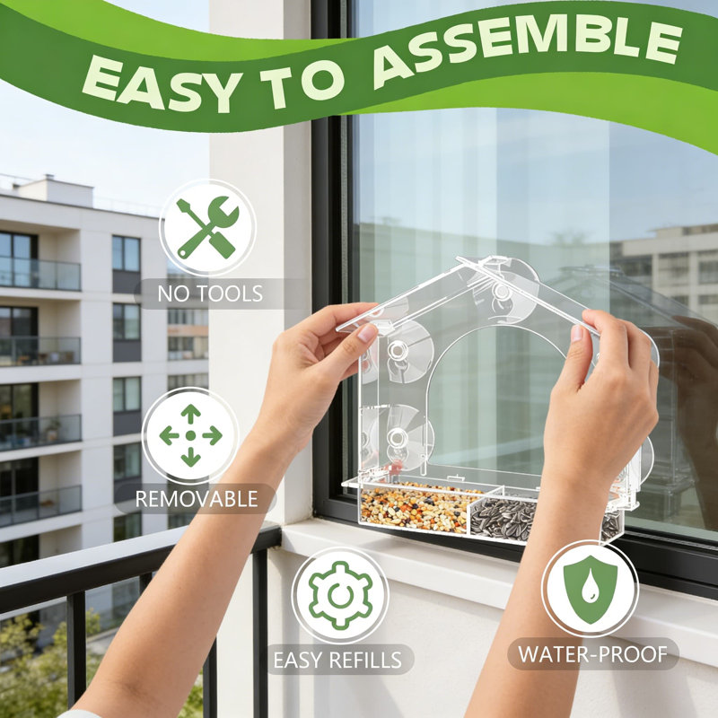 Mangeoire pour fenêtre transparente avec 5 ventouses extra robustes et coussin en silicone, nichoir pour l'extérieur durable