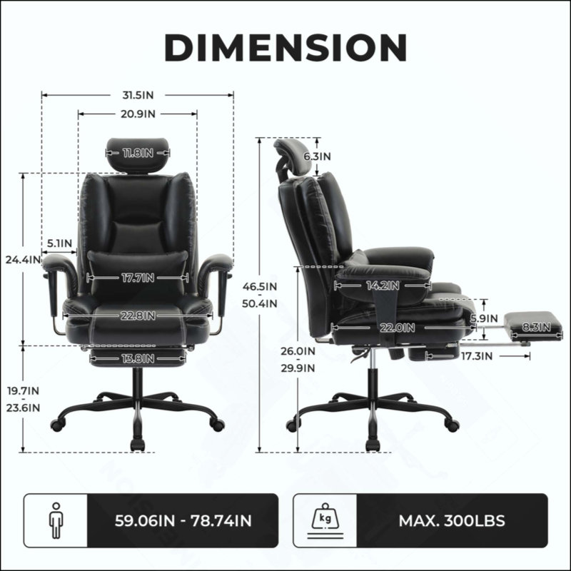 Chaise de bureau ergonomique en similicuir de 200 kg avec support lombaire et dossier haut, chaise de bureau ergonomique avec appui-tête relevable