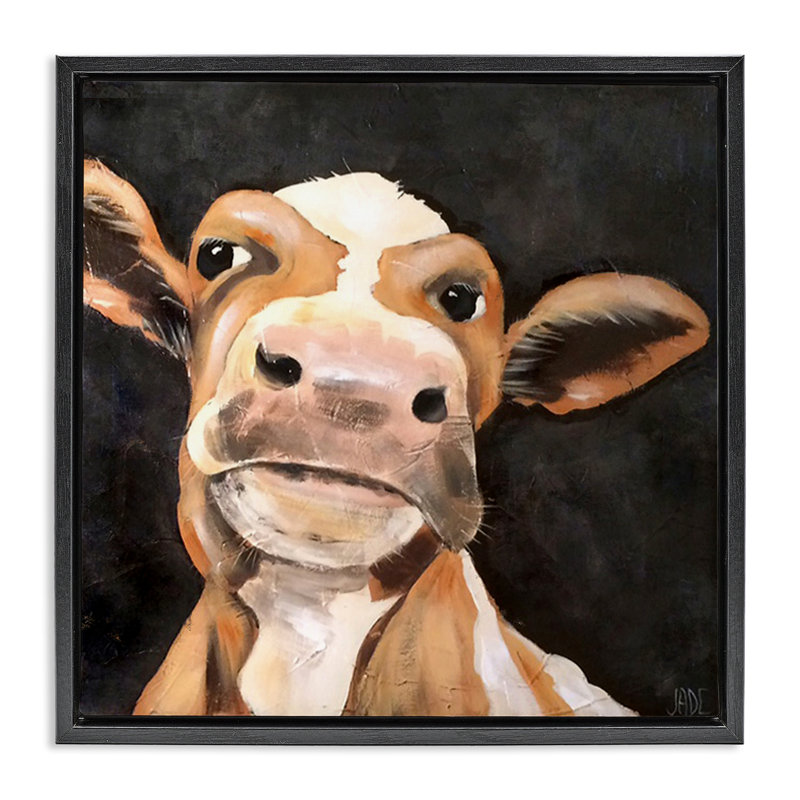 Vache champêtre sur toile par Jade Reynolds, Cadre flottant noir de jais, H 18 po x l 18 po