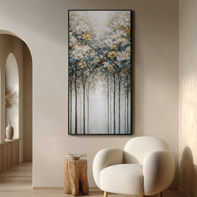 Très grand art mural imprimé sur toile - Élégante scène botanique avec de grands arbres et un auvent floral doré blanc Composition décorative douce pour la nature du salon ou de la chambre à coucher - «Assemblage requis du cadre (cadre non fini)»