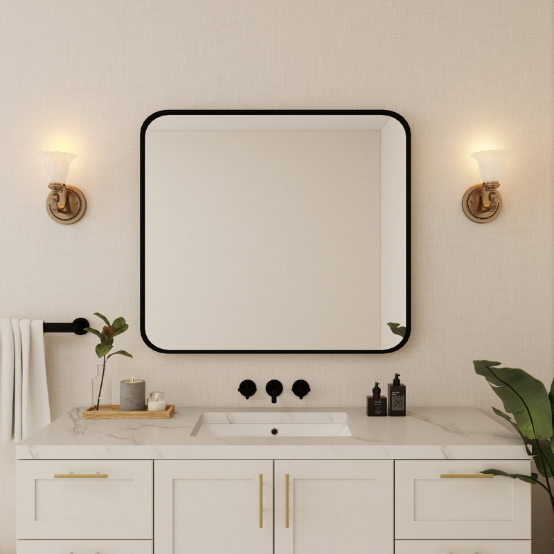 Élégant miroir encadré en aluminium avec coin arrondi pour une décoration intérieure élégante, Noir mat, Rectangulaire