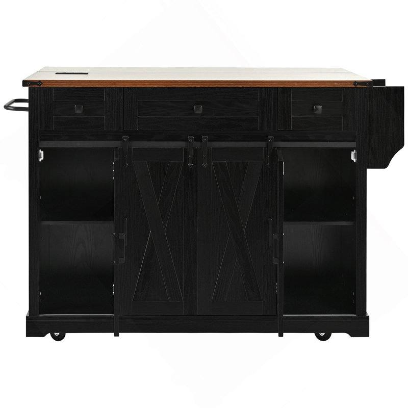 58" Farmhouse Kitchen Island With Storage, Sliding Barn Door & Metal Grid Side Door, Rolling Kitchen Island On 5 Wheels With Spice Rack, Glass Holders,Island Table With Drop Leaf