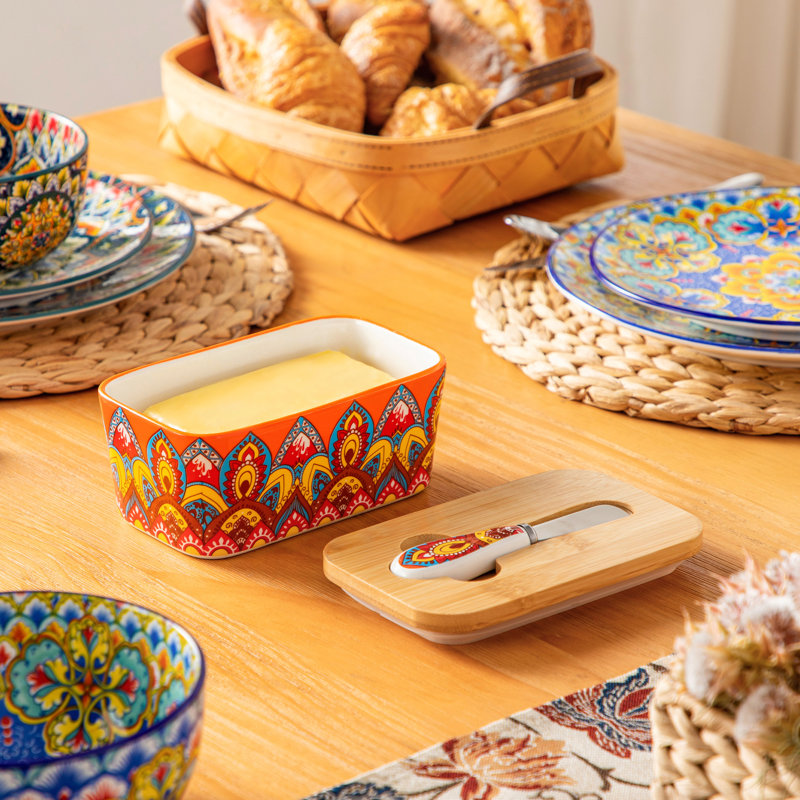 Beurrier bohémien en céramique avec couvercle en bois et couteau à beurre, garde-beurre décoratif en céramique avec 4 options de motif, contenant à beurre pour comptoir de cuisine
