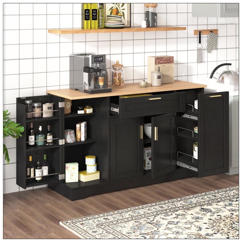 Multi-Functional Storage Sideboard with Extendable Dining Table, Adjustable Shelves, and 3-Tier Pull-Out Rack, Black