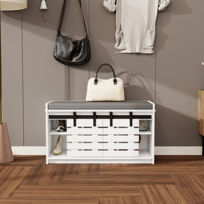 Double Door Shoe Storage Bench with Cushion 2-Tier Entryway Organizer with Sliding Barn Doors