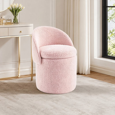 Foldable Backrest Makeup Vanity Stool with Hidden Under-Seat Storage, Modern Teddy Upholstered Dressing Stool Vanity Chair Accent Chair for Bedroom, Vanity Room & Living Room