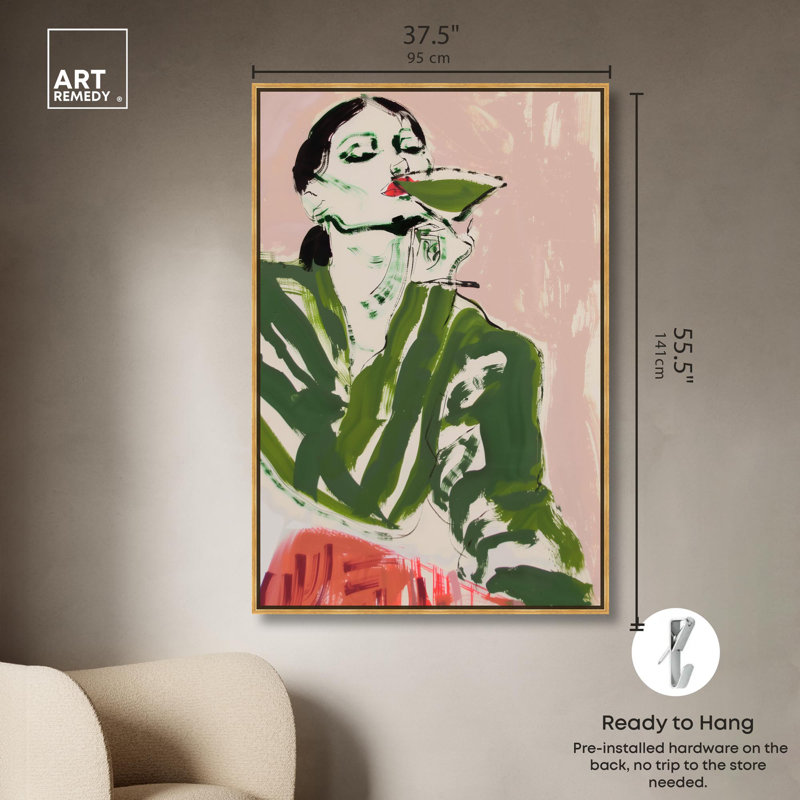 «Green Martini Girl», art mural coloré Boho par Art Remedy, Cadre doré, H 16 po x l 11 po