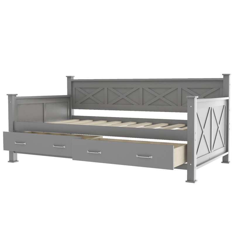 Twin Size Daybed With 2 Large Drawers, X-Shaped Frame, Modern And Rustic Casual Style Daybed, Gray