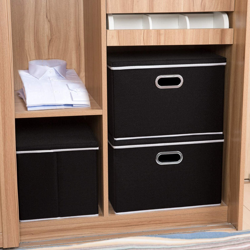 Black Fabric Foldable Storage Bins with Stainless Steel Handles