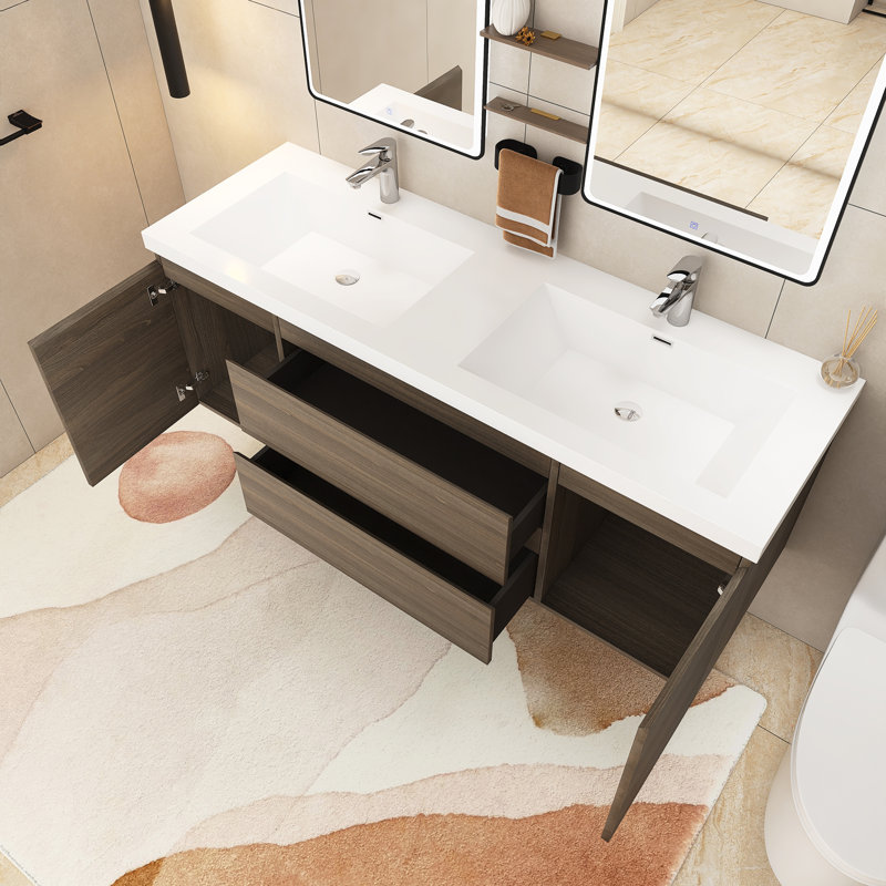 Scheuerman 59 " W Wall Mounted Wall Mounted 2 Double Vanity Bathroom Vanity With Resin Top, Gray