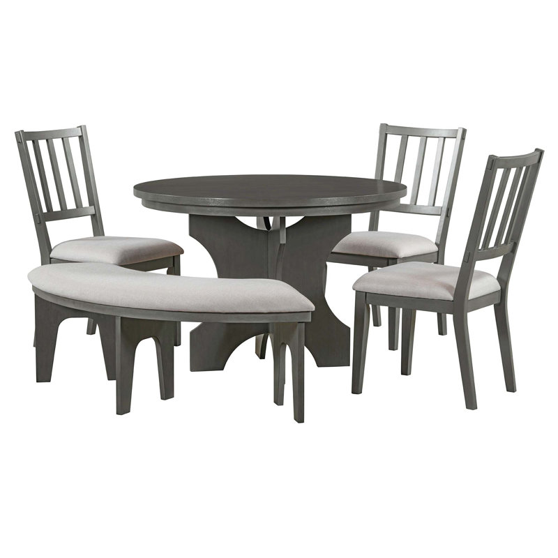 Ensemble de salle à manger 5 pièces à charme rustique avec 3 chaises rembourrées et banc incurvé, Beige, Gris