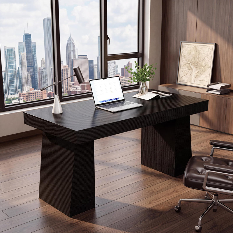 Bureau de direction moderne de 55 pouces avec centre d'alimentation intégré et armoire de rangement dissimulée, table de travail stable à structure en acier avec plusieurs options de finition