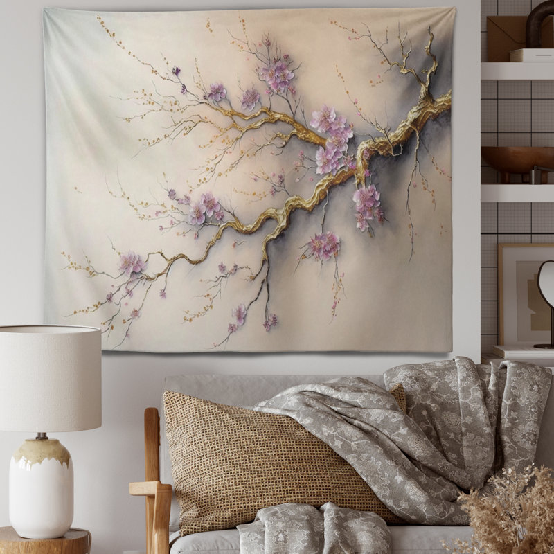 Tapisserie en polyester prune et cerisier en fleurs, H 32 po x l 39 po