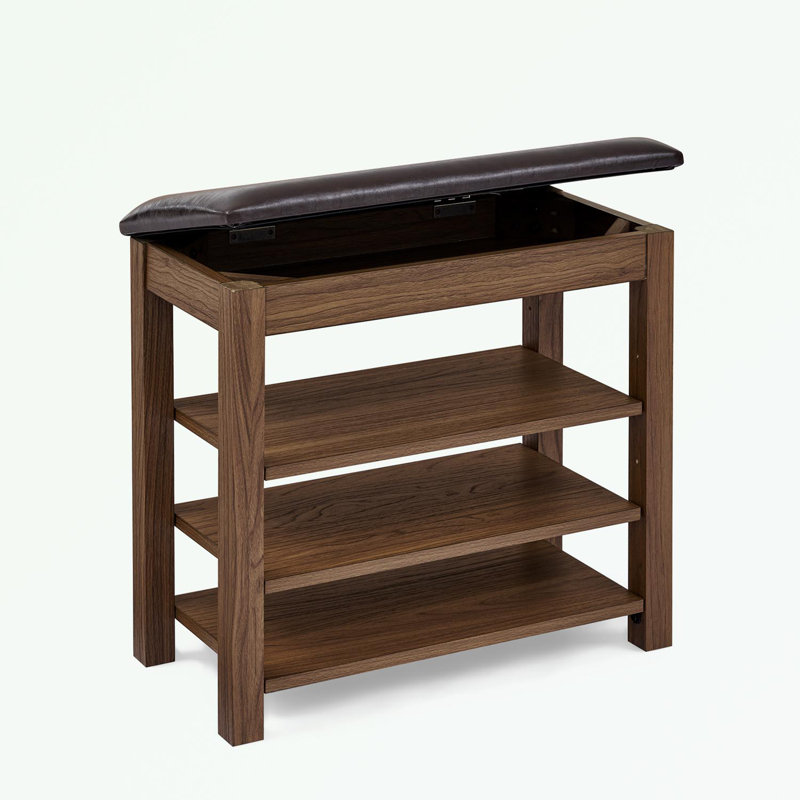 wooden frame shoe-changing bench with PU leather seat and open shelves, Brown