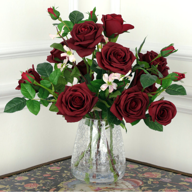 Roses In Crackle Vase - 17 Inches, Red