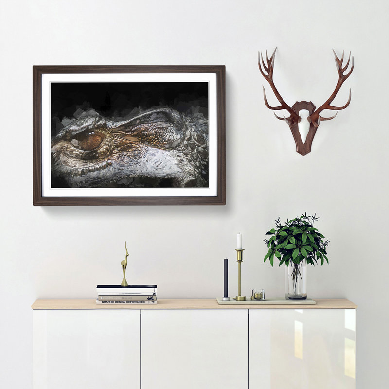 Alligator Watchful Eye in Abstract - Picture Frame Graphic Art Print, 27cm H x 36cm W x 2cm D, Walnut Framed