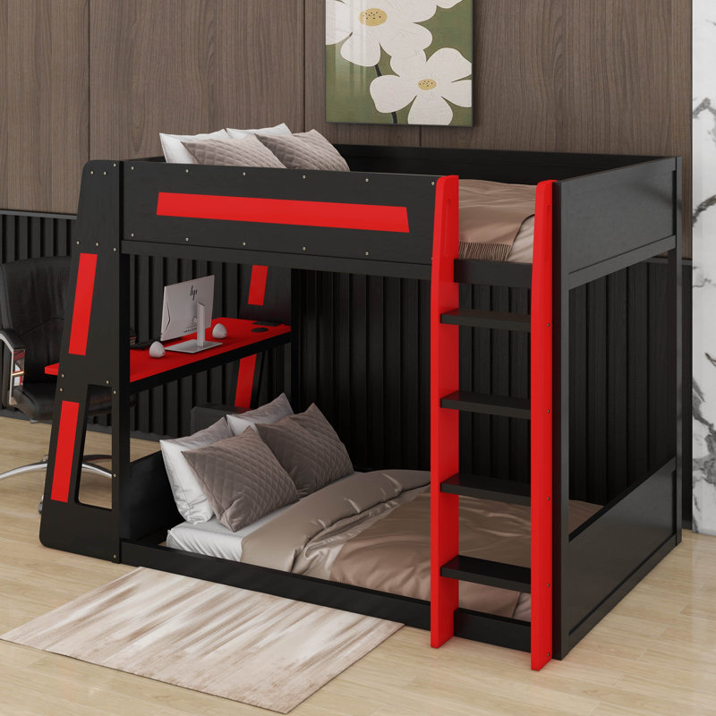 Lit superposé double en bois pleine grandeur avec bureau, deux tablettes de rangement, USB et lumière DEL, Lit double