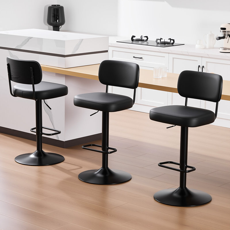 Adjustable Height 360° Swivel Bar Stools With Upholstered Backrest, Black