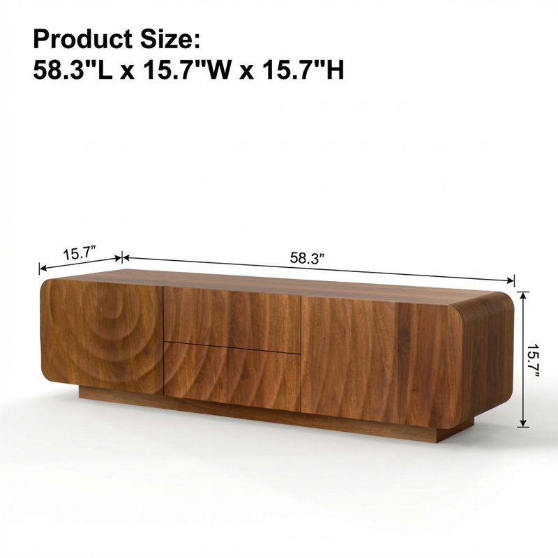 Console de télévision de style Mid-Century moderne avec conception unique en spirale ondulée, armoires de rangement et deux tiroirs