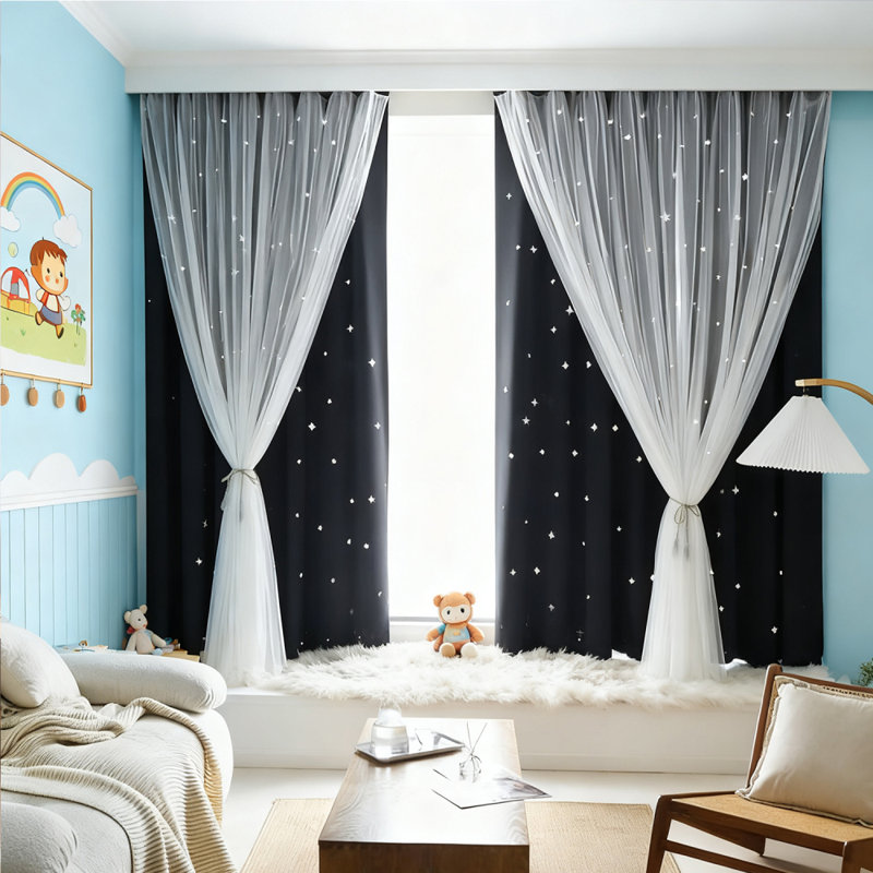 Rideau à 2 panneaux et rideaux en forme d'étoile pour chambre à coucher, Noir