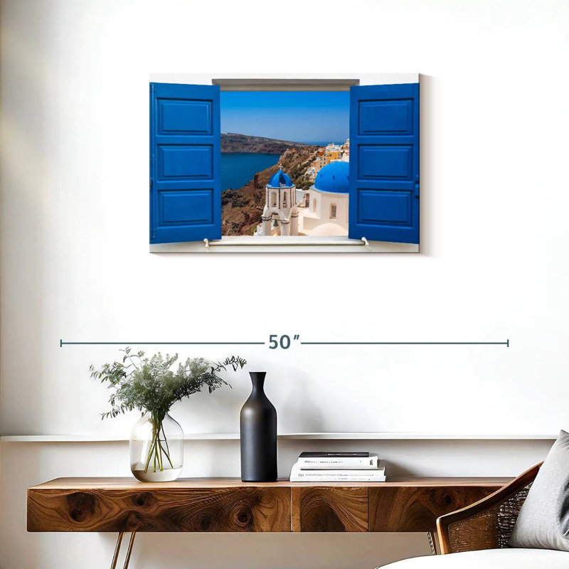 Vue de la fenêtre Gillard Oia, H 20 po x l 30 po