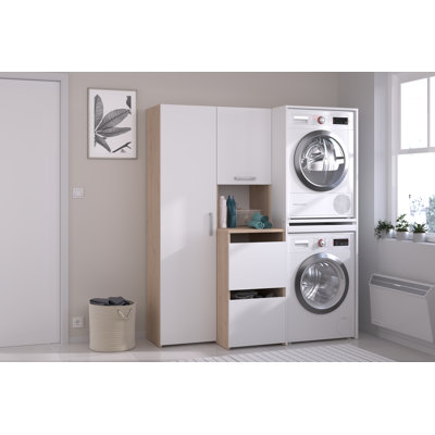 Cabinet for Two washing machines with cupboards and storage column -White/Oak