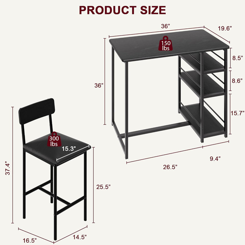 Ensemble de table de salle à manger avec 3 tablettes de rangement et table de bar avec 2 repose-pieds, Noir / Noir