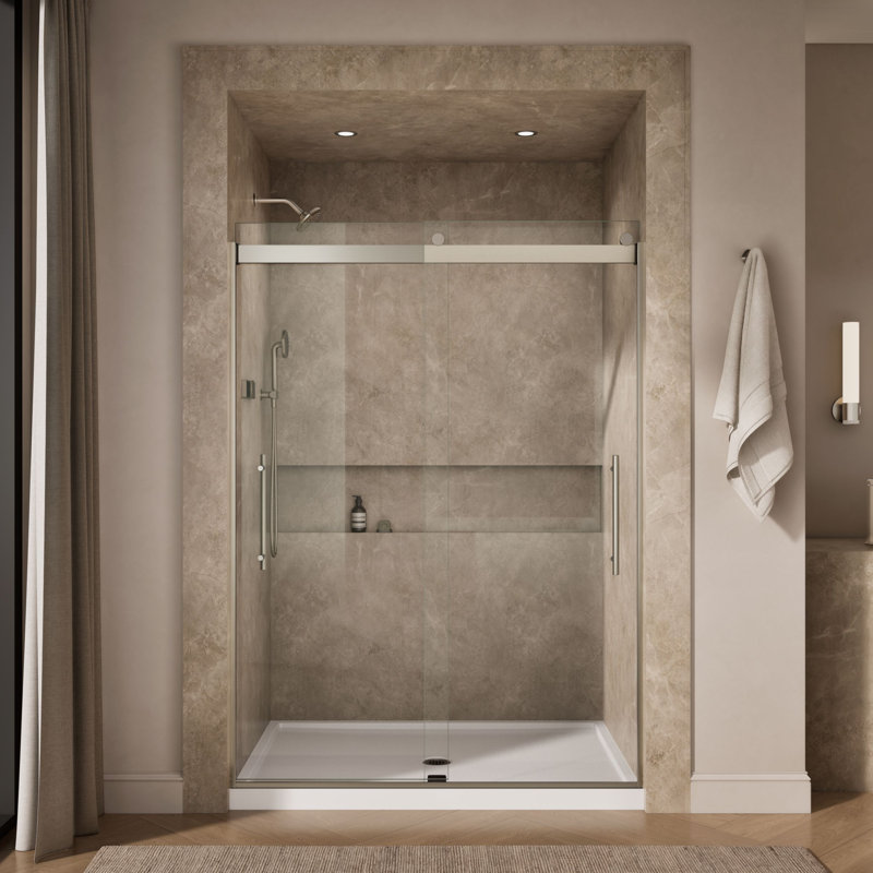 Levity Plus Less Sliding Shower Door, 81-5/8" H x 56-5/8 - 59-5/8" W, With 3/8" Thick Crystal Clear Glass, Nickel