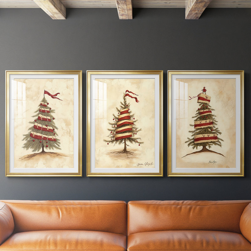 Christmas Holiday Art CDLVI - reproduction sur mesure encadrée de qualité supérieure - 3 pièces, H 21 po x l 30 po, Doré