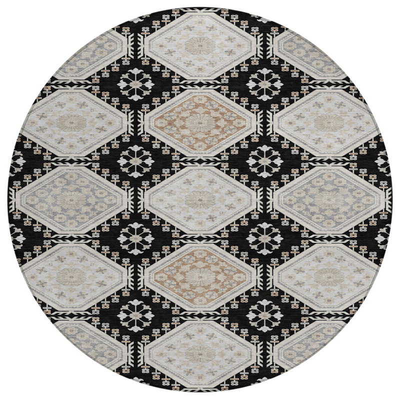 Machine Washable Indoor/Outdoor Christain ACN1443 Black Rug, Round 8'
