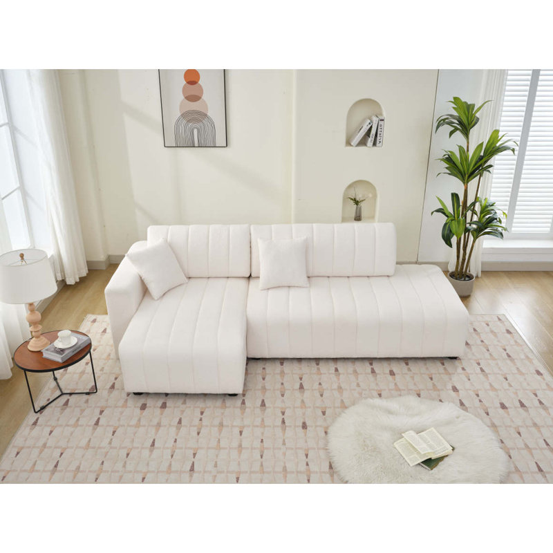 Canapé d'angle capitonné en forme de L scandinave d'inspiration moelleuse avec coussins décoratifs, Beige
