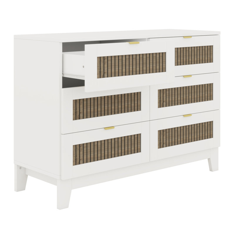 6 Drawer Wooden Dresser Featuring Rustic Farmhouse Design and Metal Handles