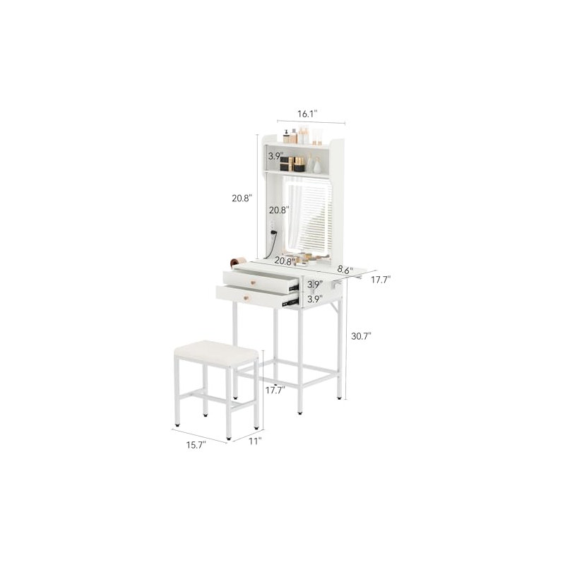Small Makeup Vanity Desk with Mirror and Lights, Compact Vanity Table with Adjustable Tri-Color LED, 2 Drawers, Hair Dryer Holder