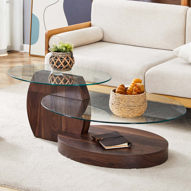 Table basse moderne à double couche - Design polyvalent, autocollant de panneau de densité, verre renforcé, comptoir ovale