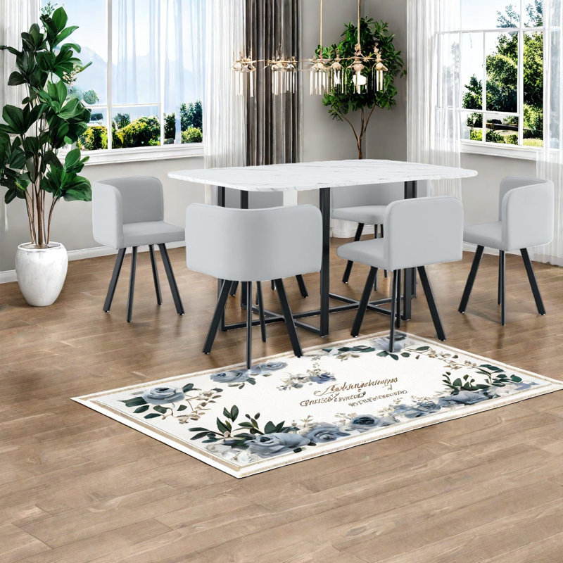 Ensemble de table à manger moderne gris avec six chaises en polyuréthane, multifonctionnel et élégant pour la maison