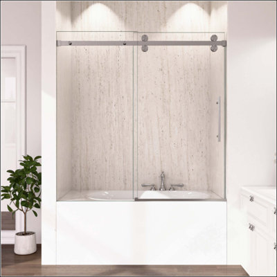 Frameless Double Sliding Tub Shower Door Enclosure,SGCC Tempered Glass, Brushed Nickel Hardware