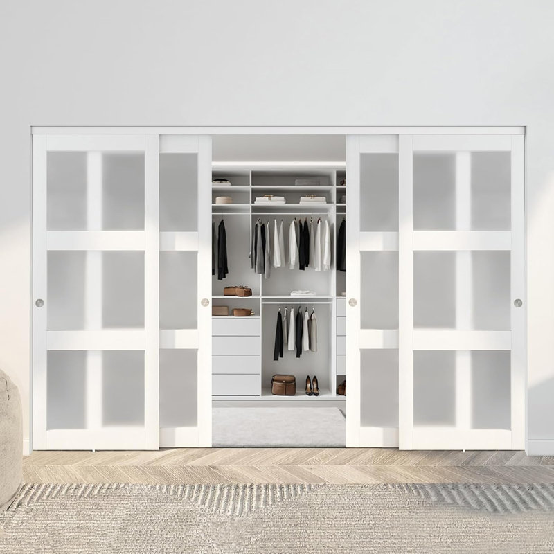 Portes de placard coulissantes en verre givré 3-pièces 48 po x 80 po avec trousse de quincaillerie d'installation, Blanc